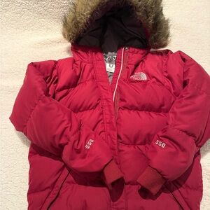 The North Face Cherry Red Jacket with Fur Trim Girls size Large 550 Down